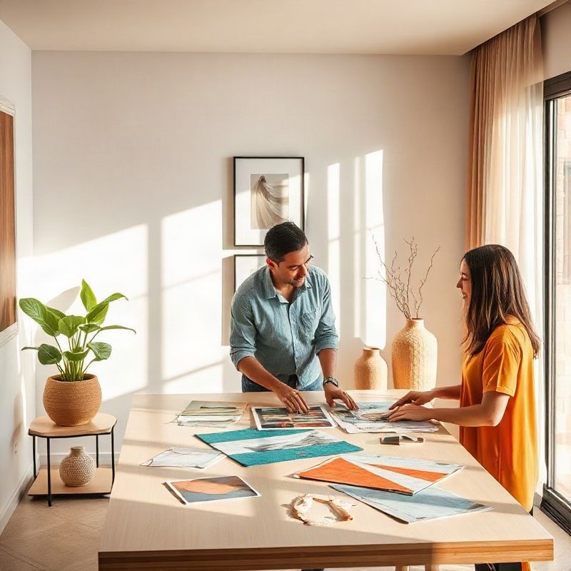 Cliente e designer em consultoria com amostras de materiais em apartamento em Belo Horizonte