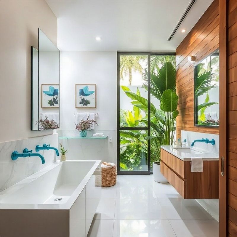 Banheiro reformado com porcelanato branco e detalhes em azul