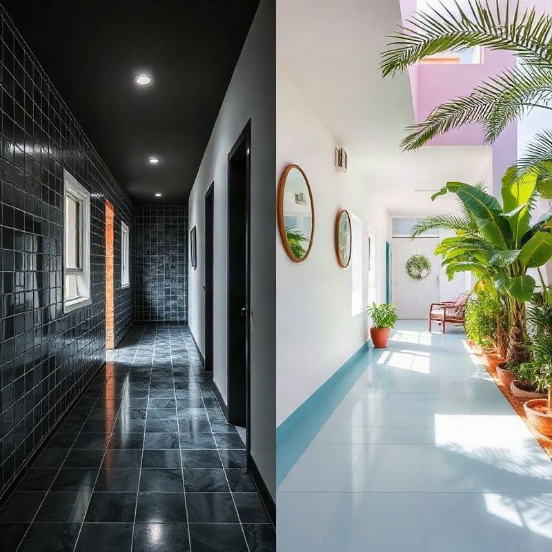 Comparação antes e depois de corredor reformado em apartamento
