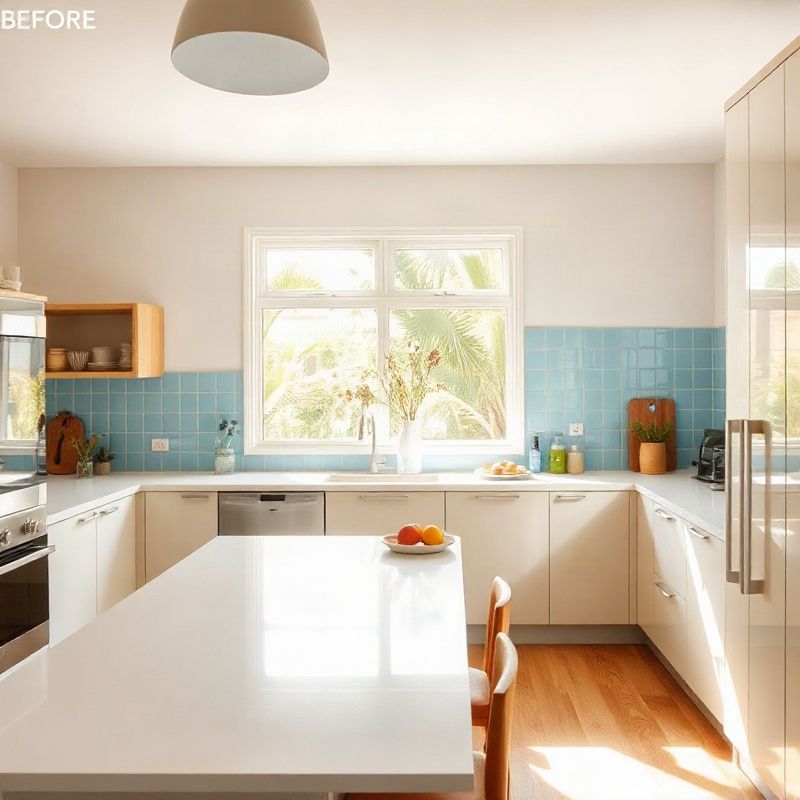 Cozinha aberta reformada com bancada de quartzo branco e revestimento azul