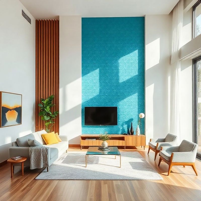 Sala de estar reformada com painel azul e piso de madeira clara